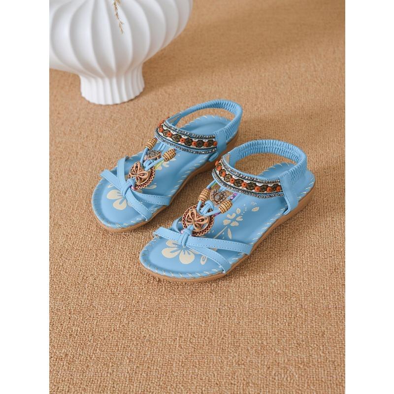 Bow, New Women's Shoes Flat-bottomed Handmade Beaded Rhinestone Sandals, Wearing Beach Little White Shoes Women