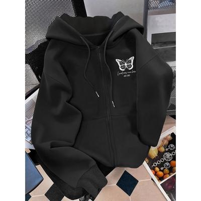 Europäisches und Amerikanisches Mode Muster Schmetterling Buchstaben Druck mit Plüsch Locker Kapuzen Cardigan Sweatshirt, Cardigan, Minimalistische Jacke, Oberteil