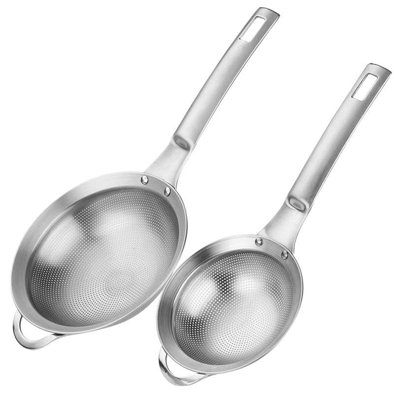 

AEE2-Punch Hole Sieve Fine Mesh Stainless Steel Small Colander Strainer With Handle Metal Mini Sifter Set Of 2 For Kitchen серебряный