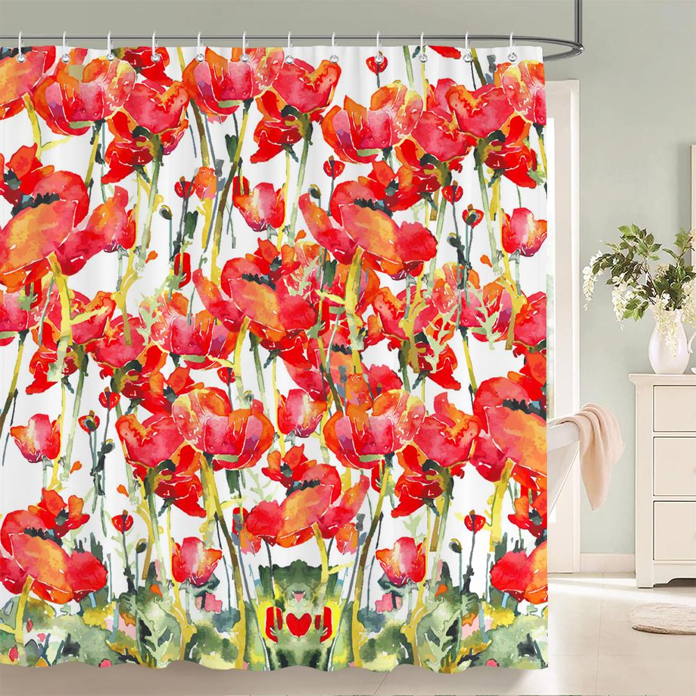 Colorful Tulip Pattern Bath Curtain Waterproof Fabric Shower Curtains Flowers Bathtub Screen With Hooks for Bathroom Home Decor