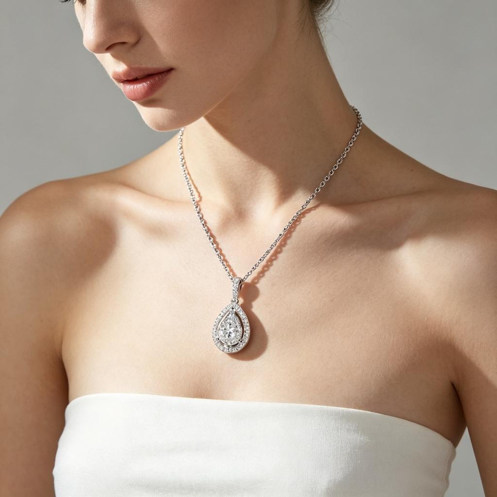 Ladies' Water Droplet Pendant Necklace Collarbone Chain, Synthetic Zircon Double Surround Design, Minimalist and Elegant Jewelry