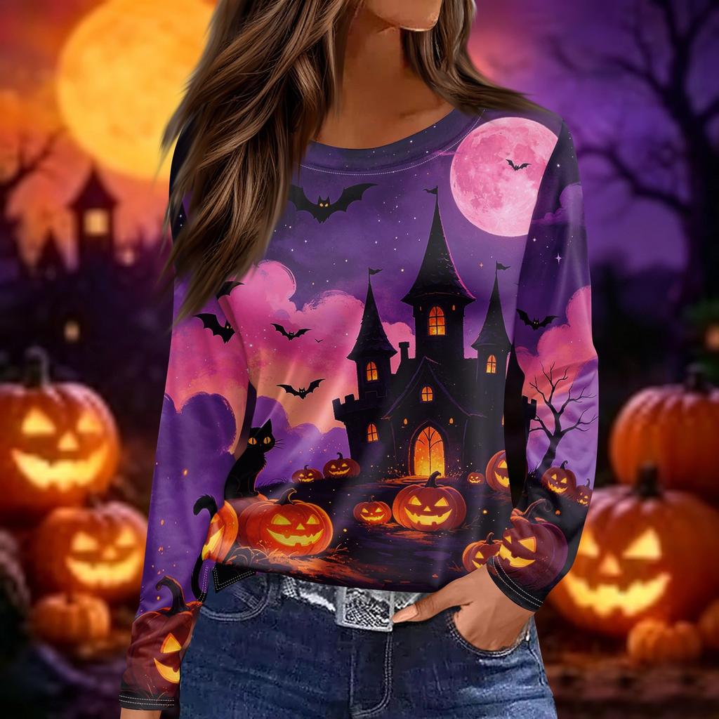 Women's Long Sleeve Casual Pullover Top Halloween Pumpkin Print Crew Neck Split Hem Blouse Lightweight Comfortable Fit