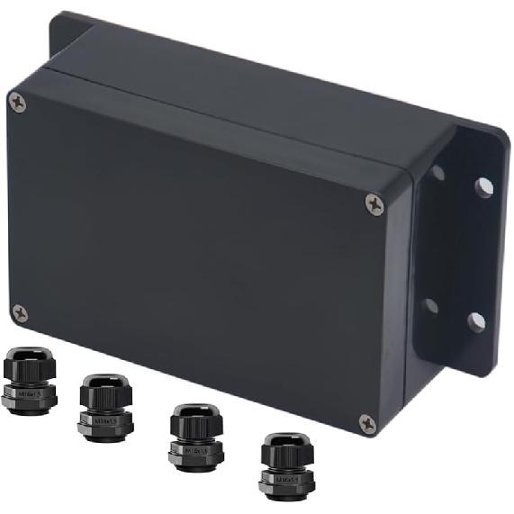 Project Box ABS Black Electrical Boxes IP65 Outdoor Waterproof Box Electronic Junction Box Fixed Ear Power Enclosure with Cable Glands for DIY