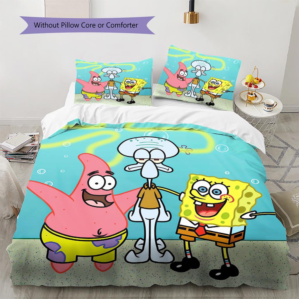 Svampebob Mönster Sängkläder Täcke Set Täckeöverdrag Örngott Heminredning Gåva (1 * påslakan + 2 * örngott, utan kärna)