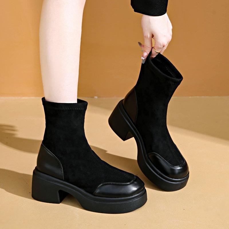 French thick heel thin boots 2025 autumn and winter new Korean version versatile medium tube black fashion boots short elastic boots