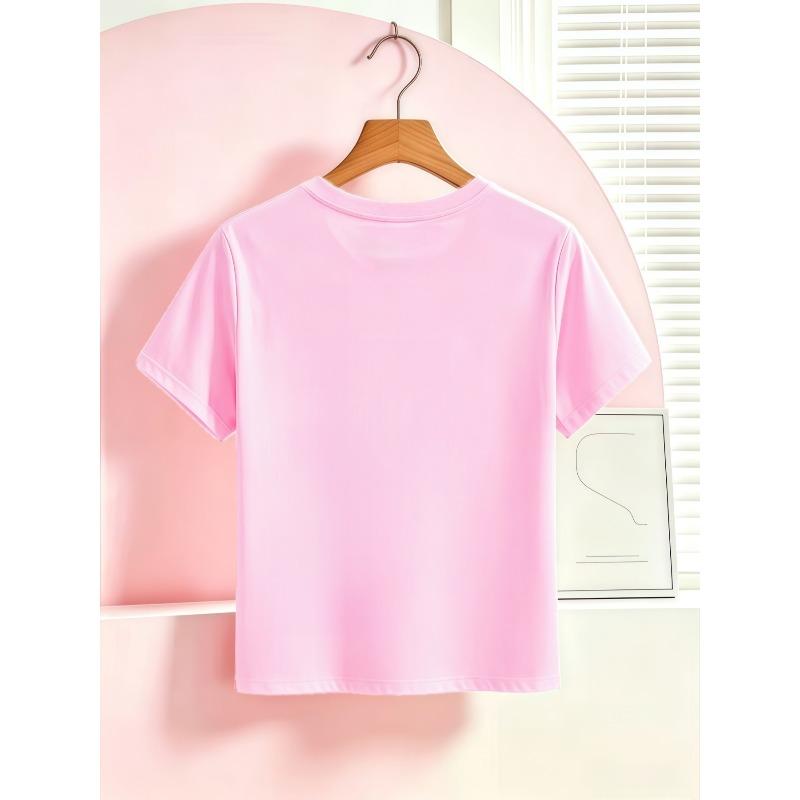 Kids Pink Dinosaur Princess Bow Graphic Crewneck Short Sleeve Tee