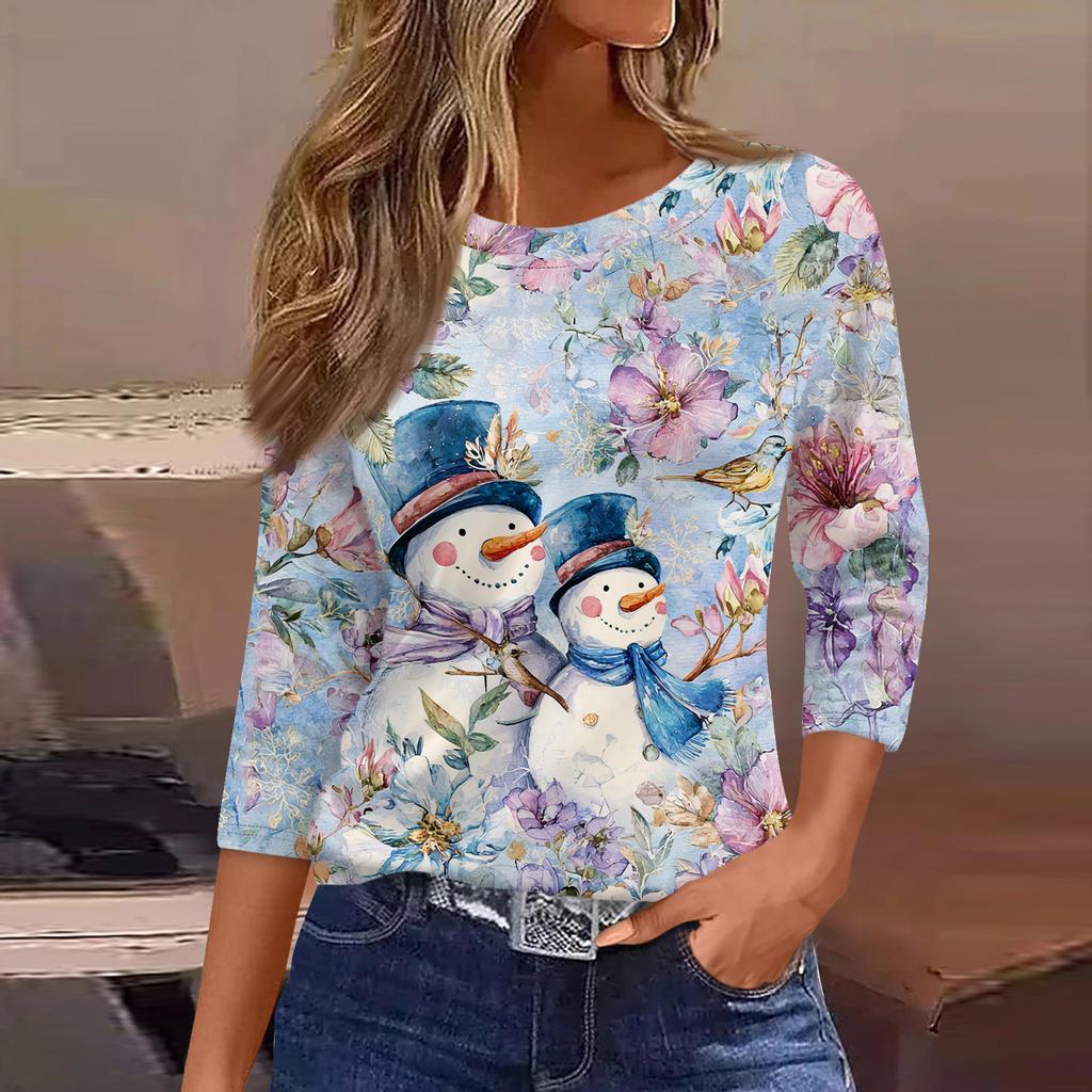3/4 Length Sleeve Womens Tops Floral Print Vintage Fashion Casual Loose With Round Neck Plus Size Shirts