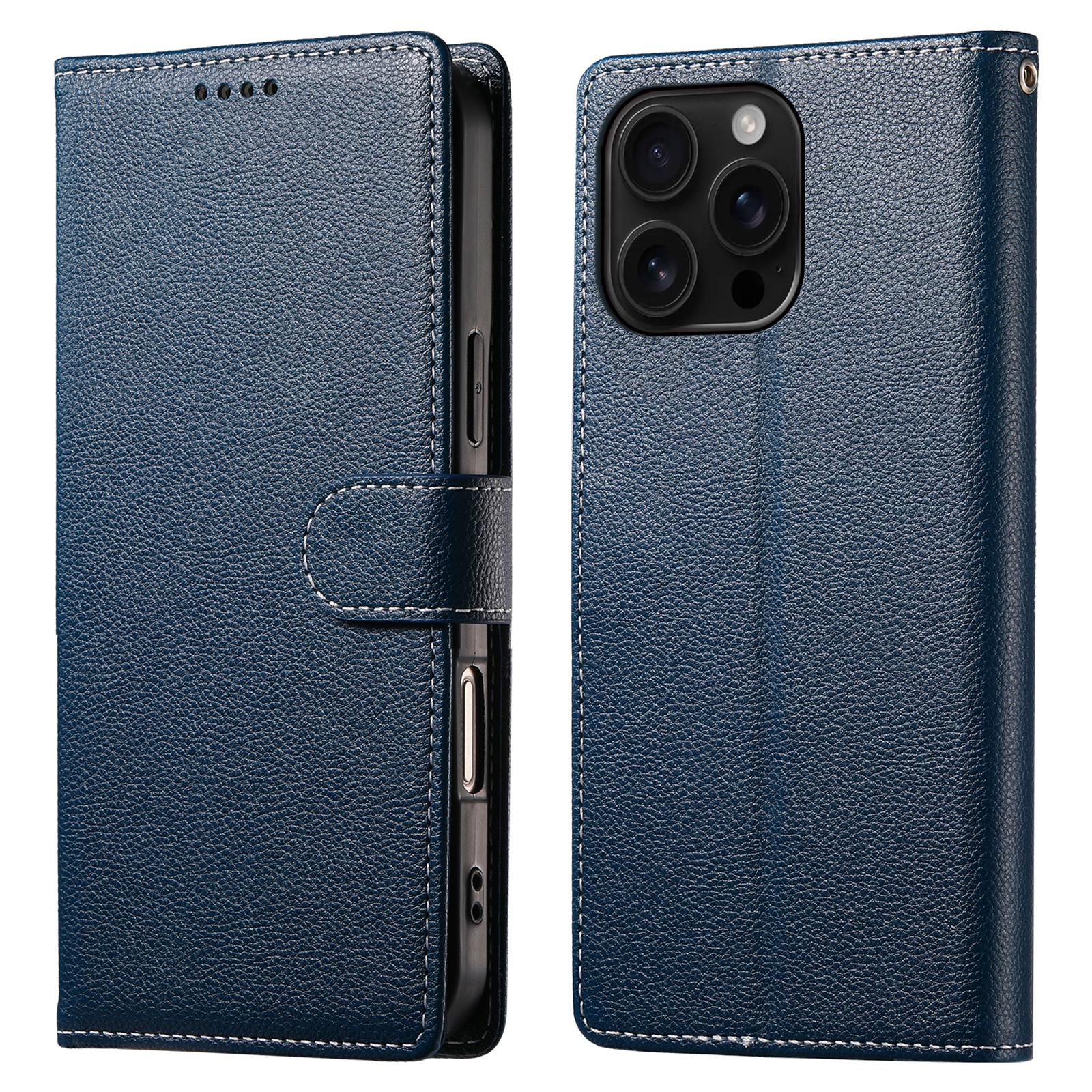 

DF-012 For iPhone 16 Pro Case Litchi Texture Leather Wallet Stand Phone Cover Dark Blue