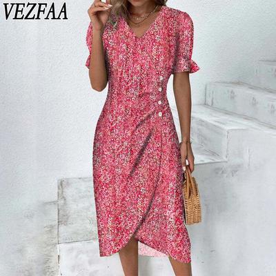 Women's Fashion Summer Spring Geometric Print Short Sleeve V-Neck High Waist Casual Dresses