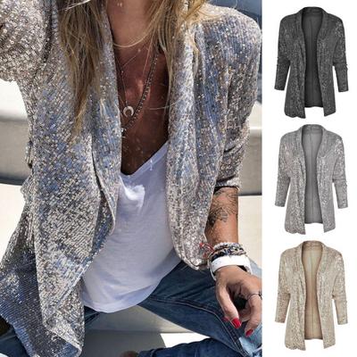 Women Sequined Cardigan Coat Shiny Open Front Blazer Slim Fit Solid Color