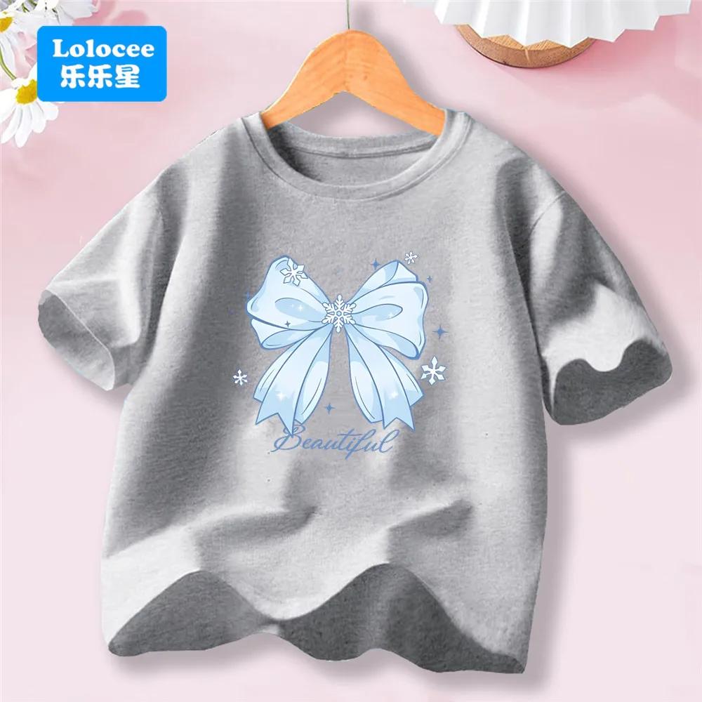 Girls' New Summer Korean Style Short Sleeve T-shirt Trendy Cute Bowknot Tee for Girls, Sweet Top for Toddlers and Young Girls