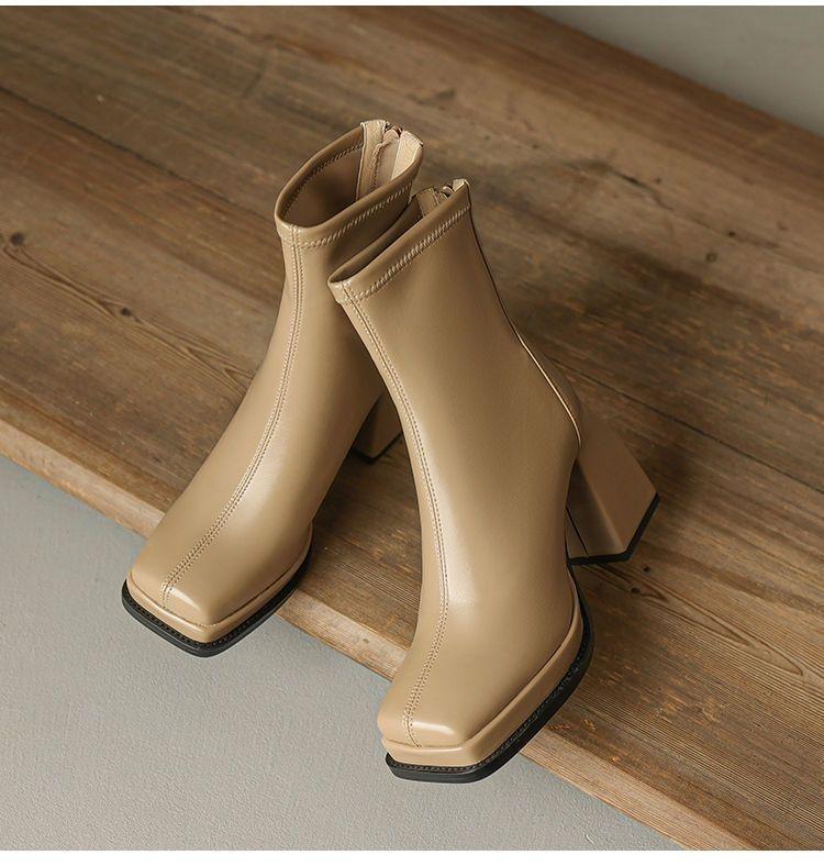 Women's Soft Leather Elastic Ankle Chunky Heel Boots - Autumn/Winter 2025, Square Toe, Plush, Platform Martin Style.
