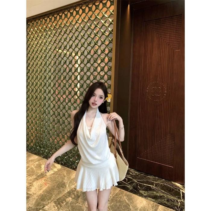 Summer Rich Daughter High-end Sense Beauty Back Swinging Collar Hanging Neck Dress Feminine Temperament Slim Waist a Word Short Skirt