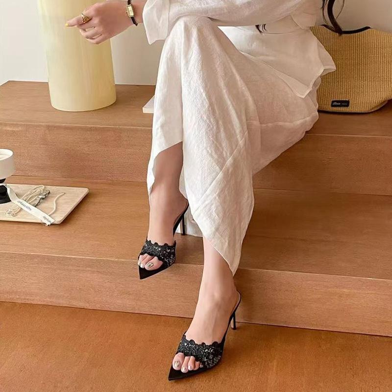 Fashion 2025 French Champagne Lace High Heel Slippers Women Pointed Toe Thin Heel Summer Sandals Elegant Niche Strappy Slides