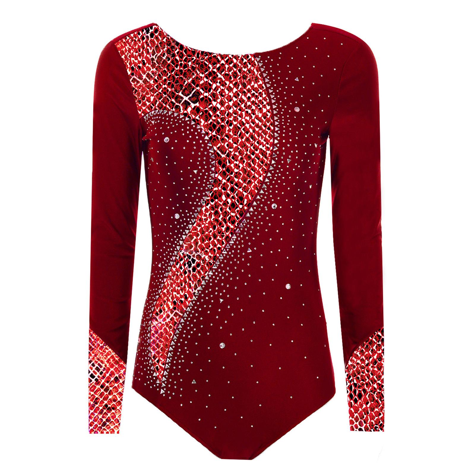 

Womens Gymnastics Ballet Bodysuit Print Spliced Rhinestones Long Sleeve Low Back Leotard S бордовий