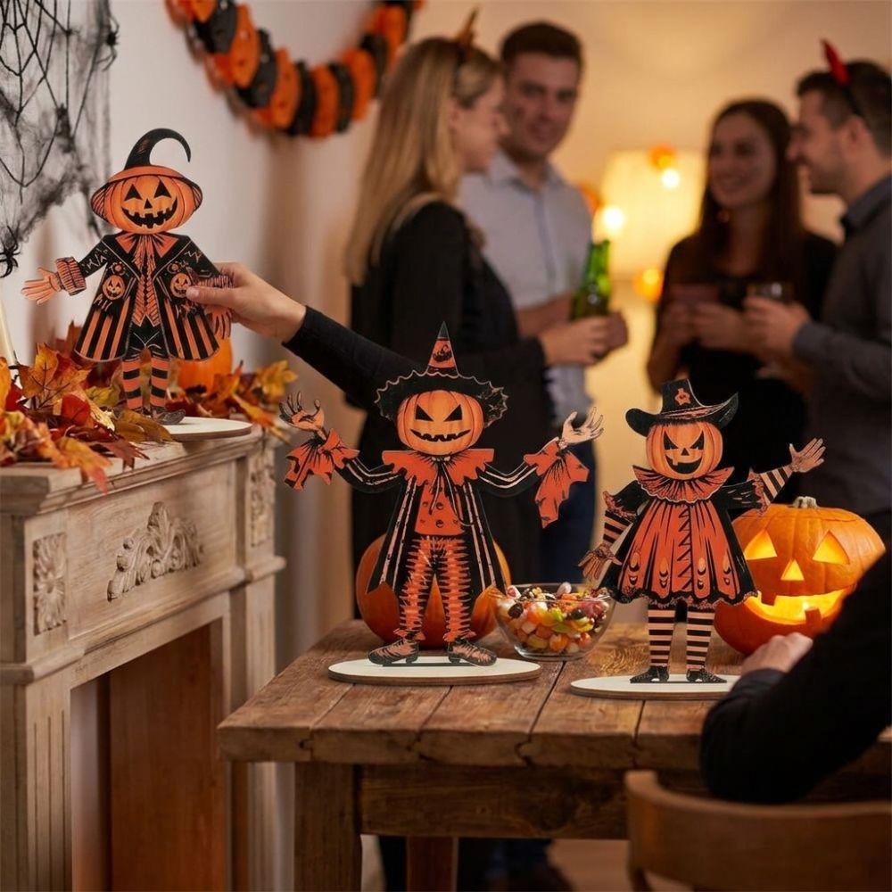 3Pcs Wooden Halloween Pumpkin Ornament 2D Flat Pumpkin Scarecrow Party Sign  Farmhouse Setting