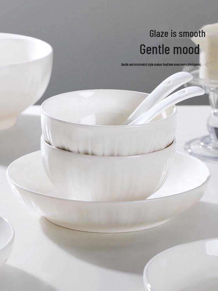 Pure White Ceramic Tableware Set: Dinner Bowls, Rice Bowls, Plates, Dishes, and Double-Ear Soup Bowls for Home Use.