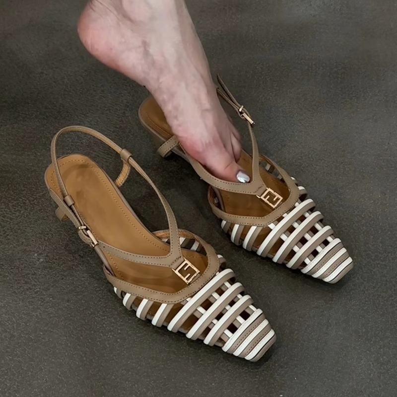 Fashion Fashion Weaving Hollow High-heeled Sandals Women Mixed Color Ankle Strap Buckle Roman Sandals Elegant Kitten Heel High Heels