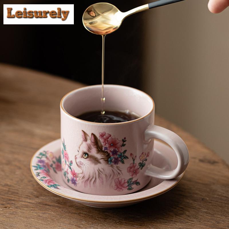150ml Pink Ru Kiln Flower Cat Coffee Mug With Plate Beer Cup Afternoon Tea Mug Household Cup Saucer Kit Teaware Decoration Gift