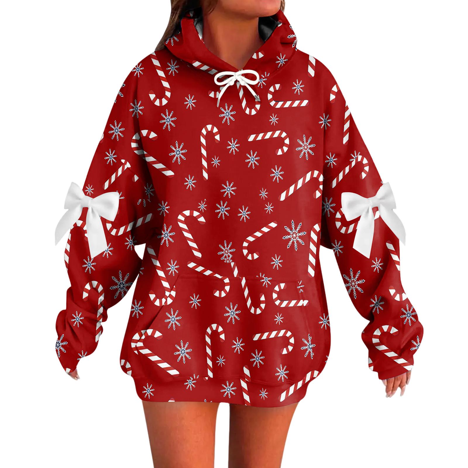 

Женский рождественский с принтом банта, с длинными рукавами, свободного кроя, повязка на голову с веревкой, худи-топ с капюшоном S красный