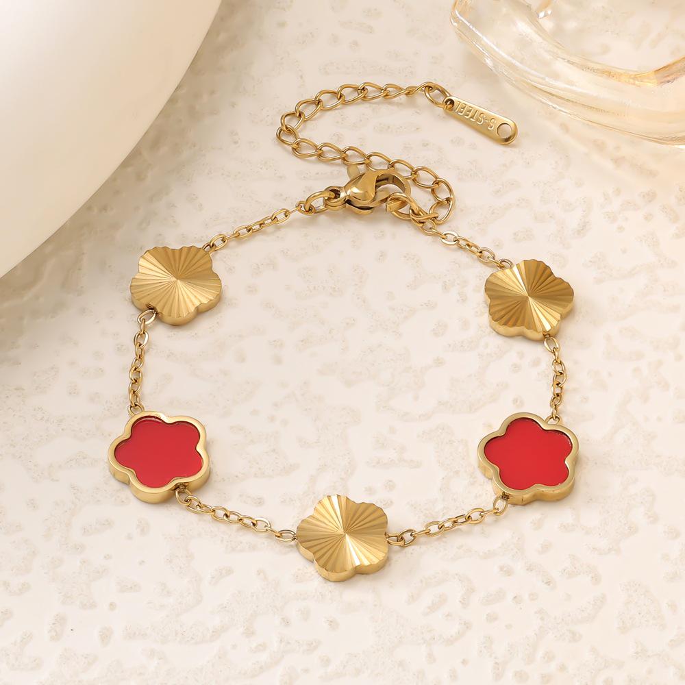 18k Gold-Plated Titanium Steel Two-Tone Five-Petal Flower Mother-of-Pearl Bracelet for Women