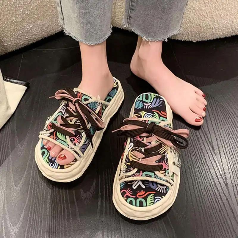 Fashion Canvas Graffiti Women's Slippers and Ladies Sandals New Collection H Sandal 2025 Trend Summer Slides Sale Original Stylish Shoes