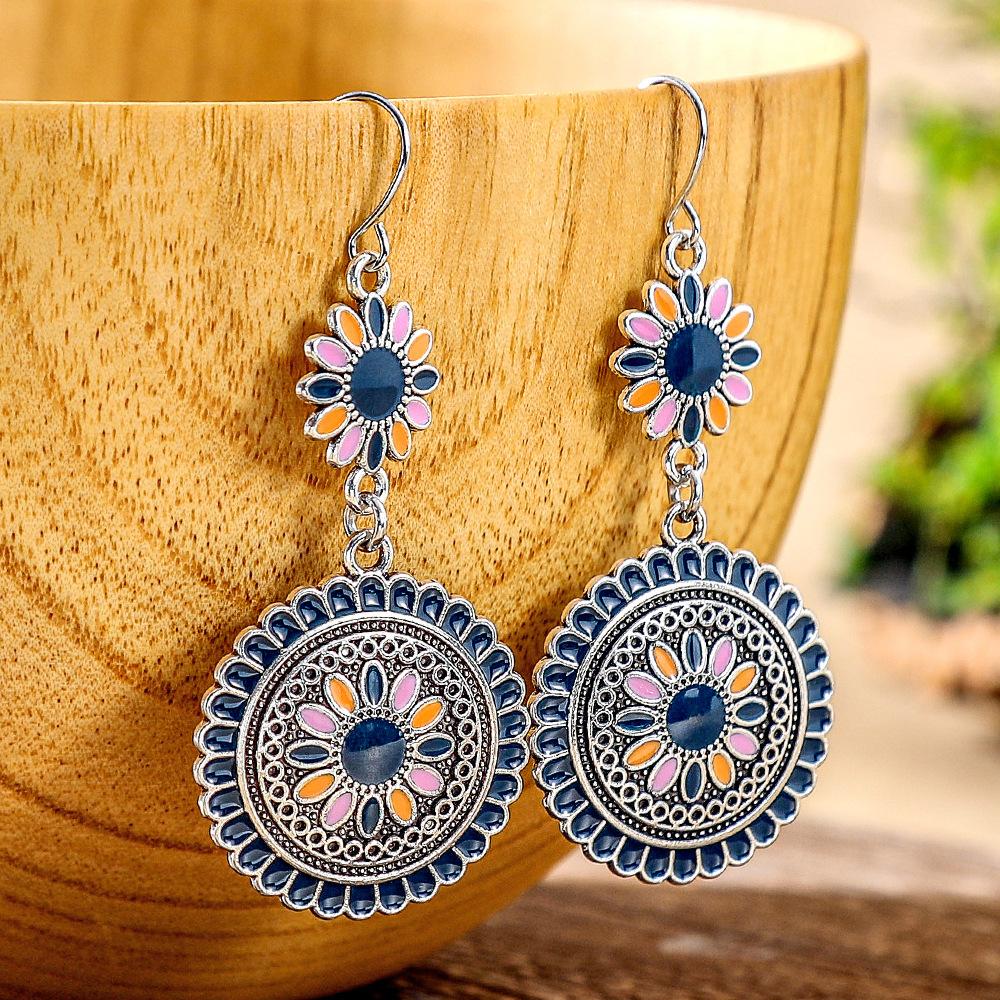 12 Colors Ethnic Vintage Enamel Sun Flower Earrings for Women Elegant Fresh Dangle Earrings Boho Vacation Party Jewelry