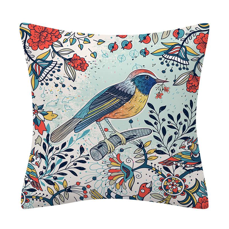 Colorful Plant Flower and Bird Print Pattern Polyester Cushion Cover for Home Living Room Sofa Bedroom Decorative Pillowcase