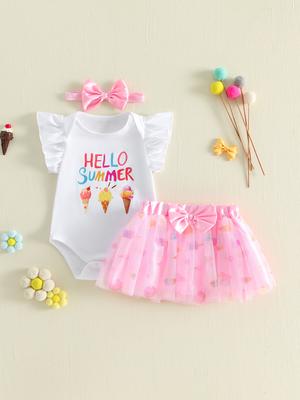 3-Piece Baby Girl Summer Outfit Set with Ice Cream Print Romper Tulle Skirt and Matching Headband - Adorable Crew Neck Flying