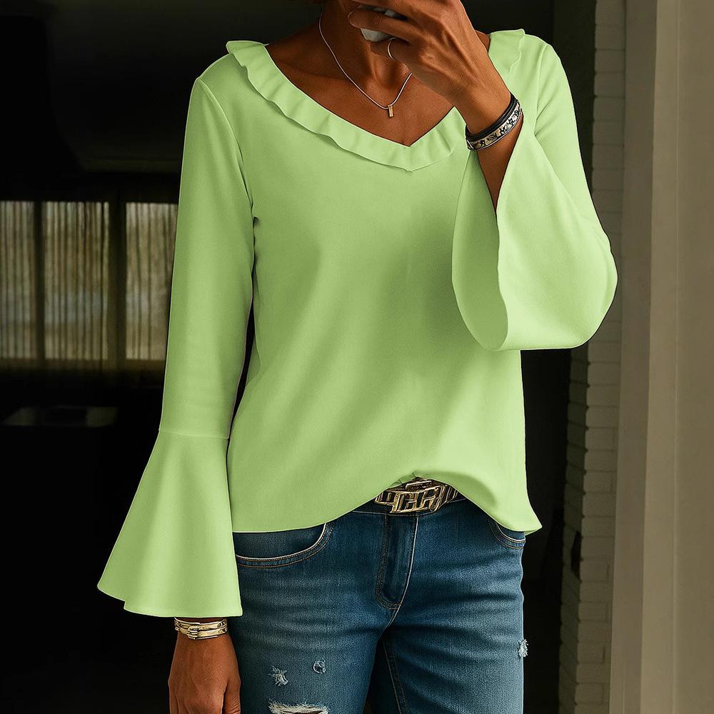 Ladies Spring Autumn Flare Sleeve Ruffles V Collar Loose Solid Color Pullover T Shirt Blouse Top