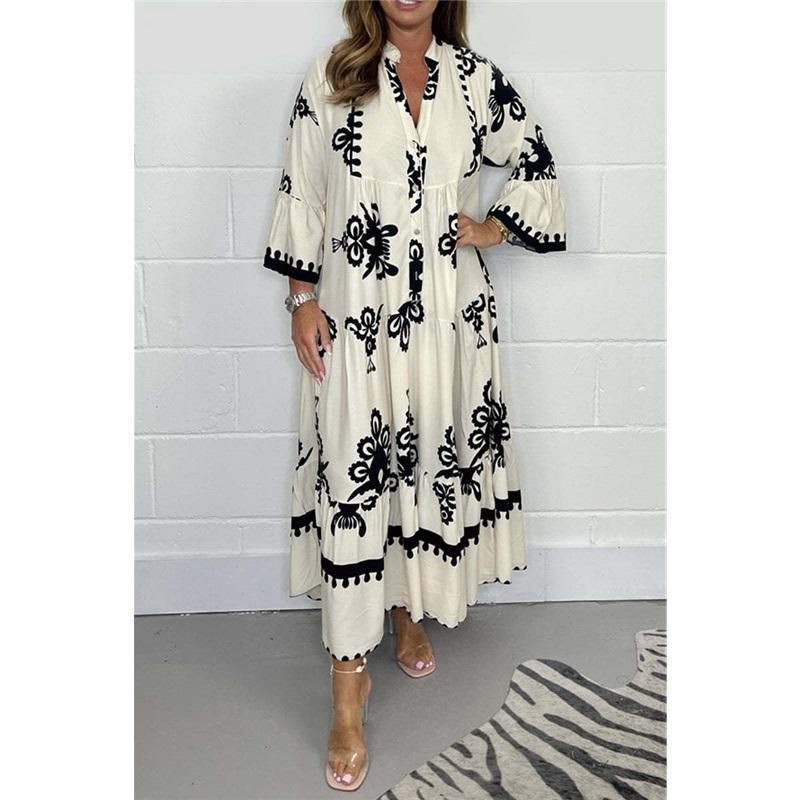 European And American Style Ladies Summer Long-sleeved Collar Large Size Loose New Style Elegant Printed Stand-up Collar Waist Dress
