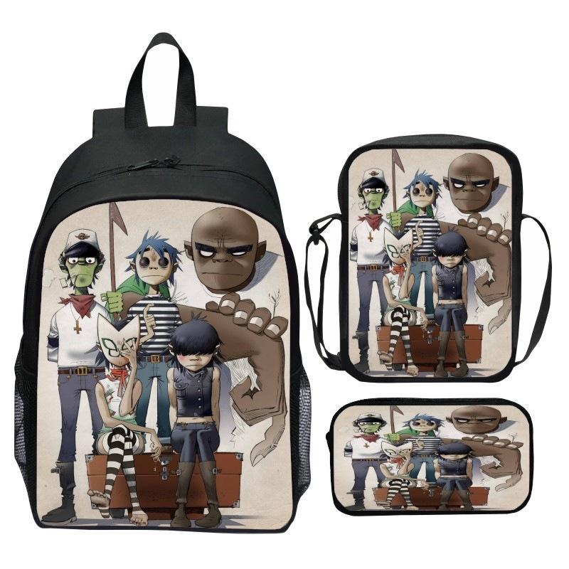 Gorillaz UK Virtual Band Printed Cartoon Backpack 3-Piece Set School Bag Lightweight Large Capacity