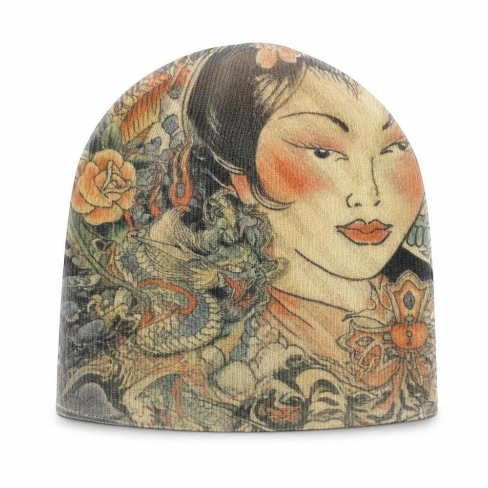 Warm Knit Brimless Skull Cap Elastic Graphic Knit Beanie Vintage Printed Beanie Hat  Outdoor Travel