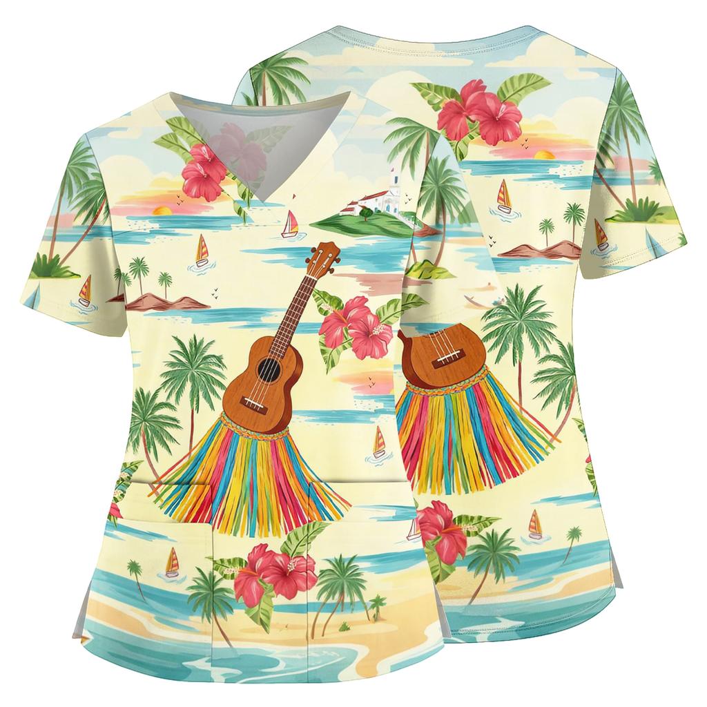 Women Nurse Scrub Top Hawaiian Print V Neck Short Sleeve Medical Uniform Shirt with Pockets and Side Slits for Healthcare Professionals