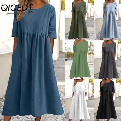 Frühling Sommer Damen O-Ausschnitt Kleid Lässig Locker Lange Kleider Übergrößen Kleider