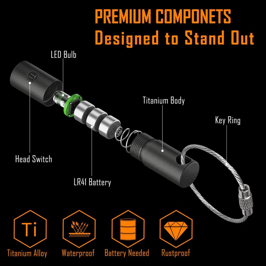 KeyUnity Mini-Taschenlampe, Batteriebetrieben, 33 mm Lang, KF00 BK, Kompakte LED, Titanlegierungs-Taschenlampe, Ultra-Mini-Größe mit Schlüsselring, Praktisches Licht, Co