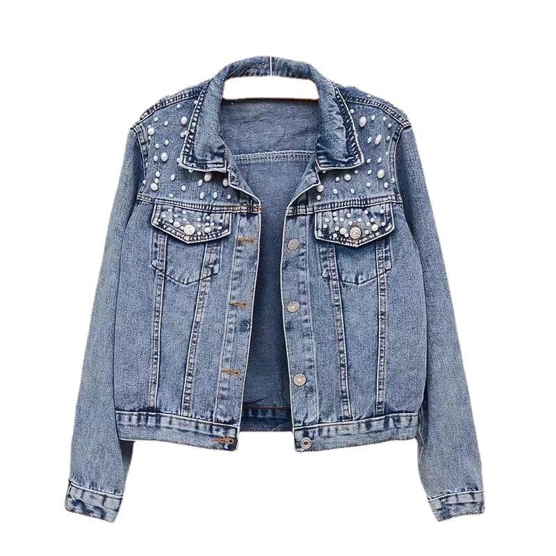 Plus Size Beaded Denim Jacket - Korean Style, Spring/Autumn Fashion for Women