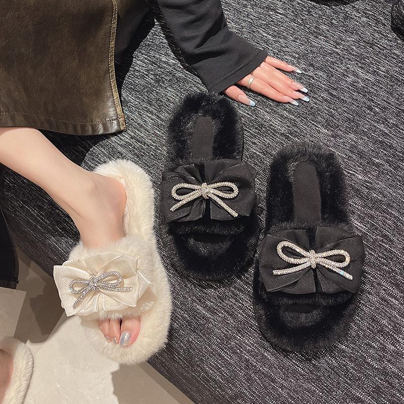 Sweet rhinestone bow hairy drag girl 2025 autumn and winter thick-bottomed open-toed cotton slippers soft-soled outer wear