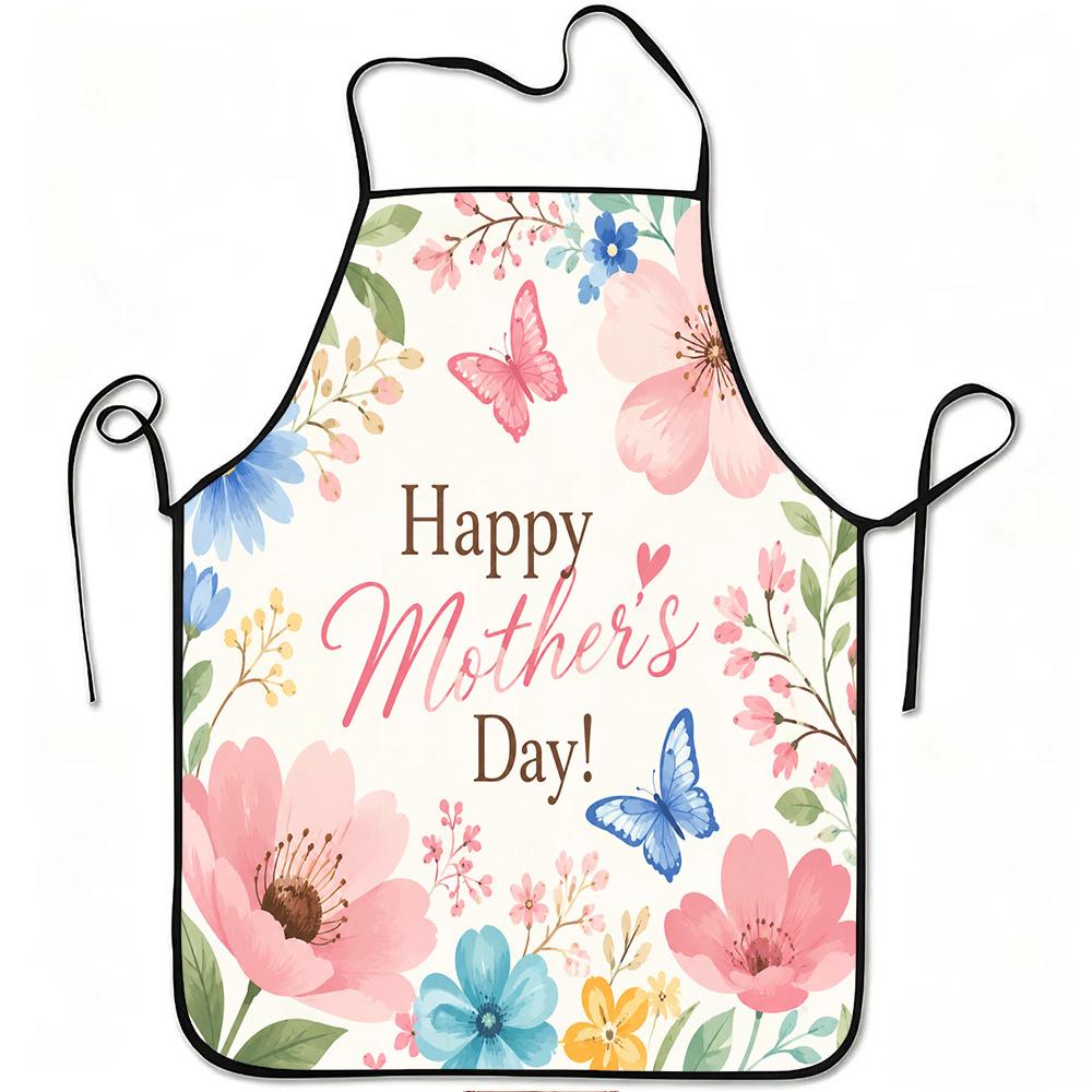 1pc Happy Mother' Day Floral Butterfly Print Apron, Durable and Easy to Clean, Adjustable Waistband, Polyester Material, for Kitchen Cooking, Gardenin