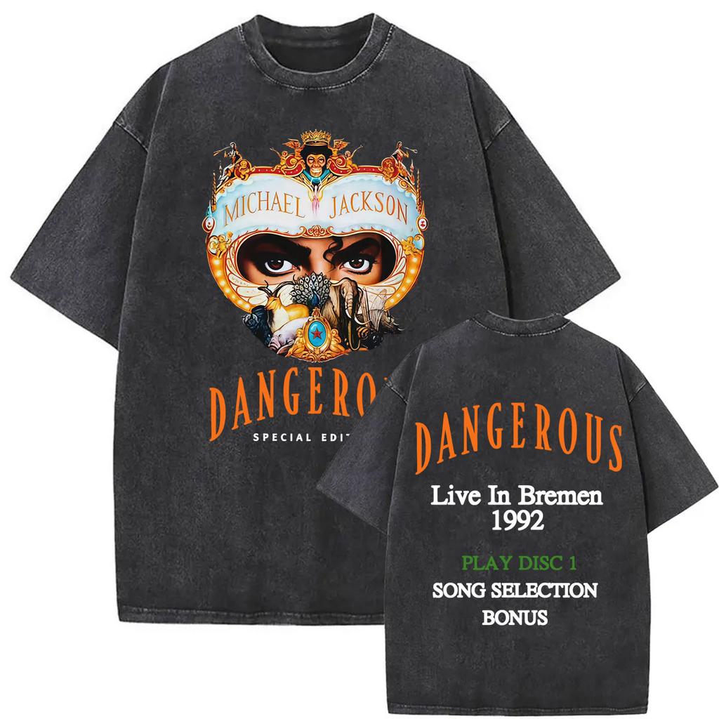 Michael Jackson King of Pop Dangerous Washed Vintage T-shirts for Men Women Fashion Hip Hop Gothic Oversized T Shirts St404
