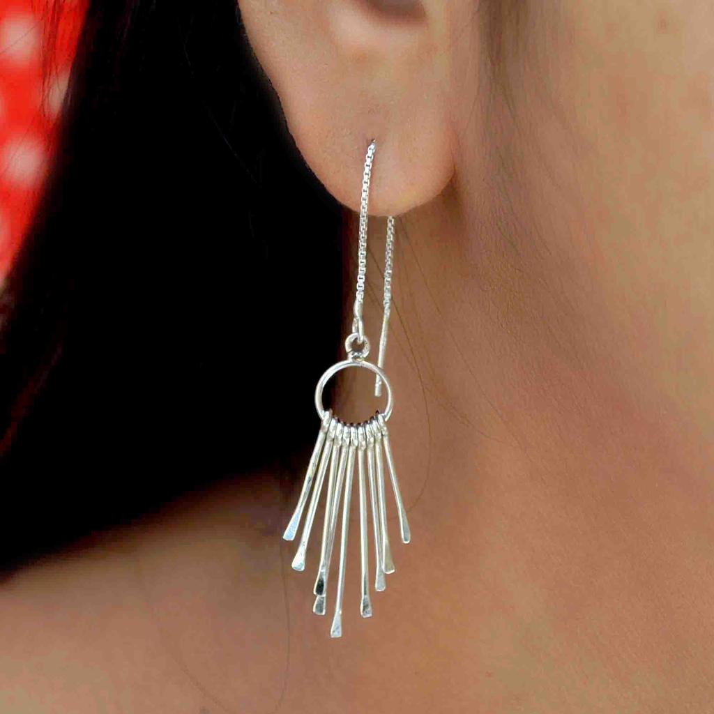 Tassel Drop Dangle 925 Silver Women Earrings, Fringe Ethnic Handmade Threader Earrings