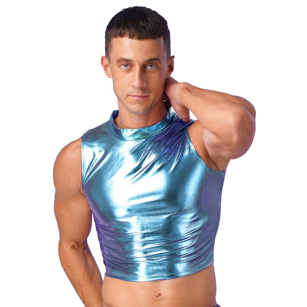 Mens Metallic Sleeveless Vest Faux Leather Crop Top Wet Look Clubwear Street Fashion