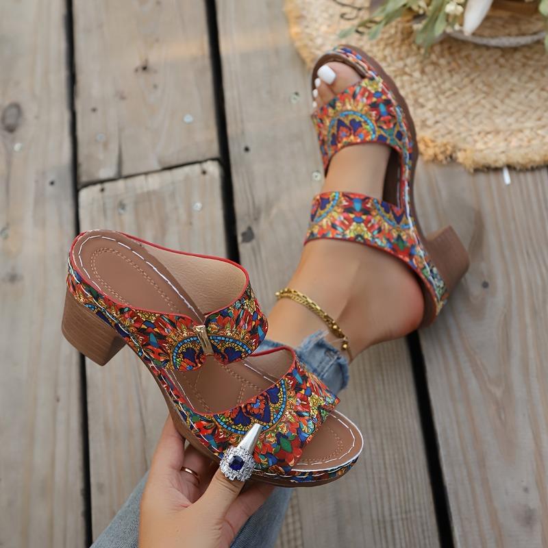 Women's Bohemian Mosaic Print Round-Toe Mule Slides - Vibrant Multicolor - PU Cover Upper & Cushioned Insole - Lightweight Comfortable for Summer