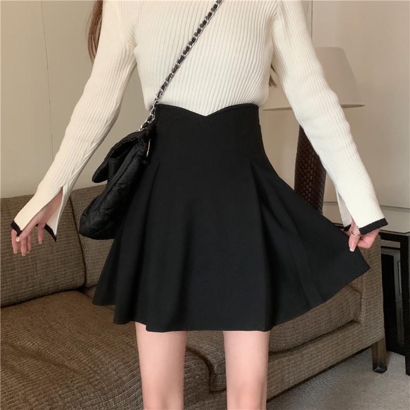 2024 Neuer Koreanischer Stil Damen Schwarzer Plissierter A-Linien Hohe Taille Midi-Rock