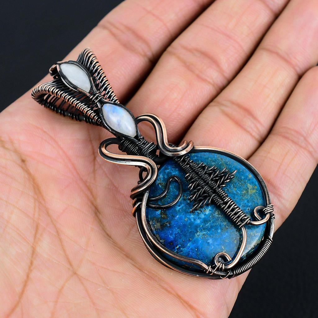 Neon Blue Apatite Gemstone Pendant 999 Copper Wire Wrapped Jewelry, Handmade Antique Pendant Jewelry, Gift For Mother