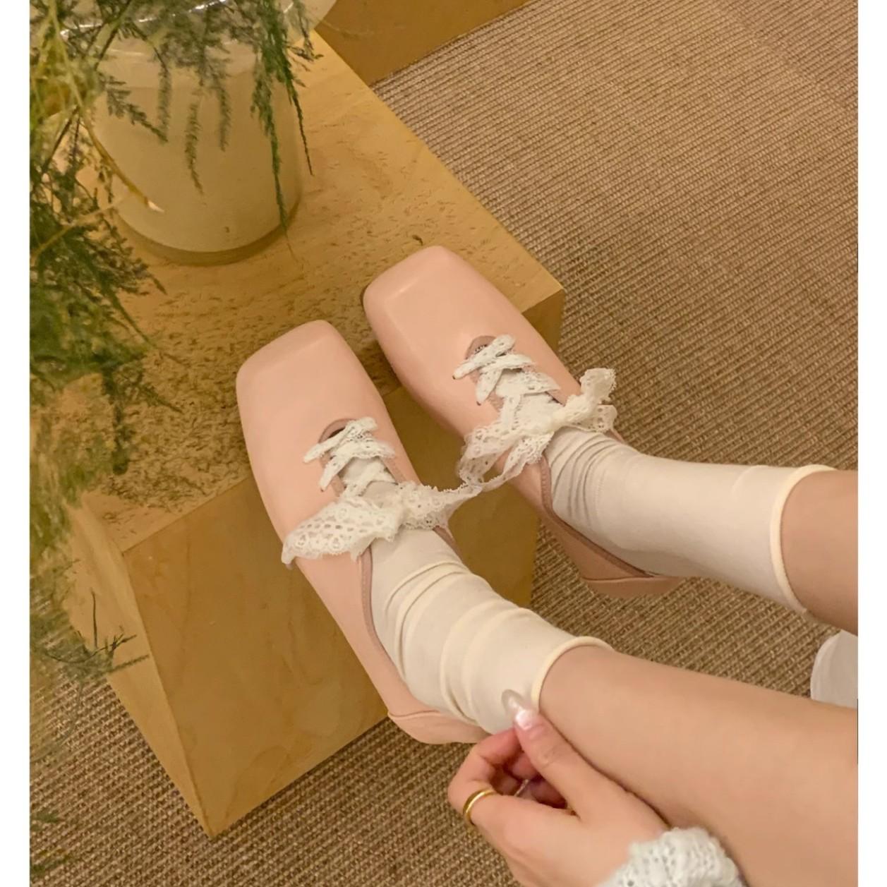 

2025 French temperament with skirt fairy style pink lace ballet shoes women s shoes small leather shoes women s shoes 35