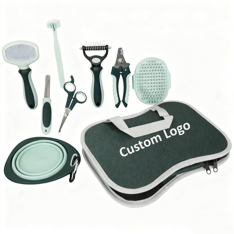 Portable Travel Pet Grooming Kit for Dogs & Cats-8-in-1 Set Nail Clipper Hair Removal Comb Scissors Iron TPR Plastic Brushes