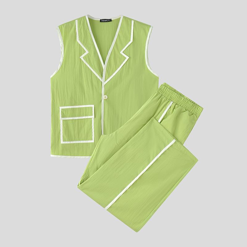 INCERUN Men Outfits Stitching Sleeveless Waistcoat Long Pants Loose Sets