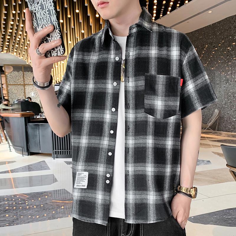 

Мужская летняя повседневная рубашка в клетку с коротким рукавом - универсальный японский стиль 3XL (suitable for 80-87.5 kg) чёрный