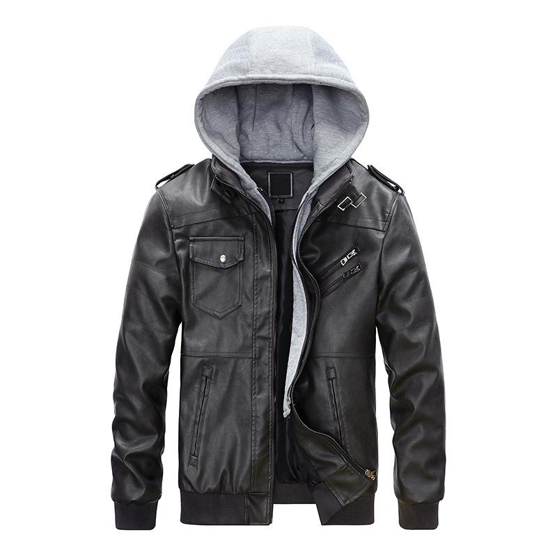 Autumn and Winter New Leather Jacket Men's Hooded Multi-pocket Large Size Men's PU Leather Jacket Casual Men's Clothing